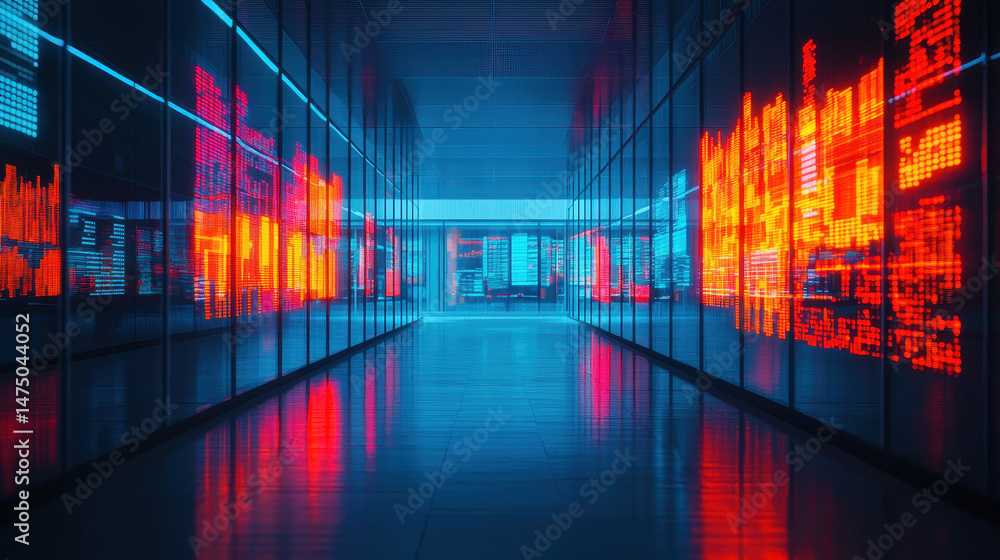 Aufkleber futuristic corridor with glowing digital displays showcasing data visualizations in vibrant red and 