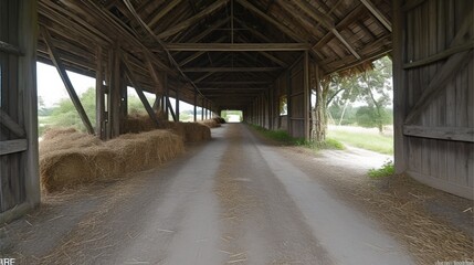 Fototapeta premium Rustic barn interior showcasing hay bales and open pathways with natural lighting and wooden architecture