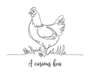 Single Line Drawing of a Curious Hen in Grass