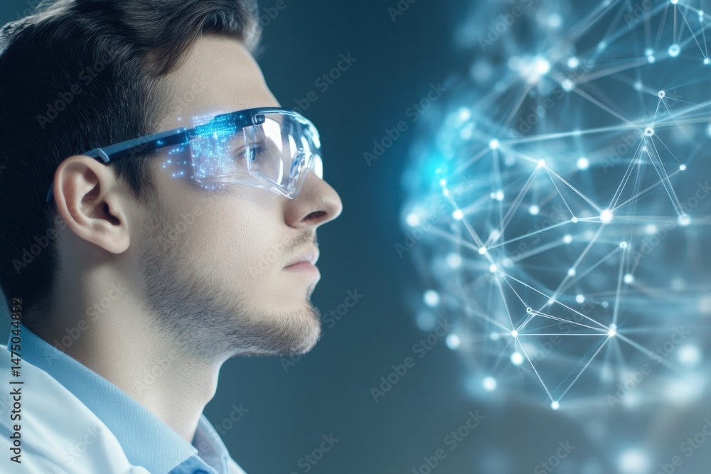 Poster young scientist visualizing data with augmented reality glasses