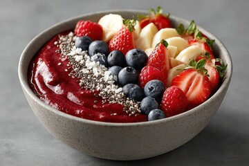 Healthy berry smoothie bowl topped with fresh fruit and chia seeds in a rustic bowl