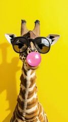 Playful giraffe in sunglasses on yellow background
