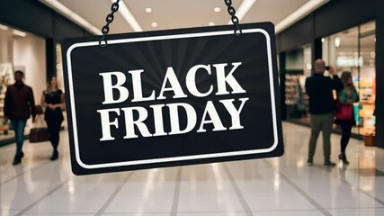 Set in a lively shopping environment the prominent "BLACK FRIDAY" banner. The vibrant atmosphere promises great discounts and attracts eager customers.