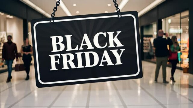 Set in a lively shopping environment the prominent "BLACK FRIDAY" banner. The vibrant atmosphere promises great discounts and attracts eager customers.