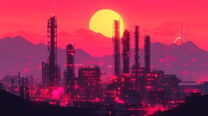 Fototapeta premium Sunset view of a futuristic industrial cityscape.