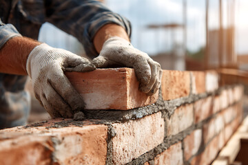Industrial worker building strong brick foundation