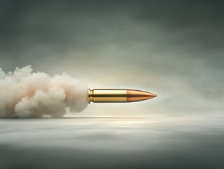 Bullet in flight with smoke trail against a gray background studio shot horizontal perspective action concept