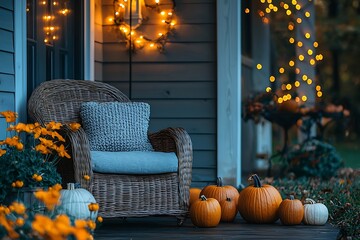 Wicker chair with pumpkins and a wreath on a porch decorated for fall season