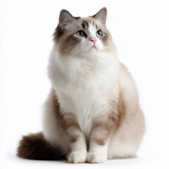 Obraz premium A cute Ragdoll cat sitting upright with a natural posture, its legs tucked underneath or gently resting, and a soft, gentle expression. The full body is visible in the frame, not cropped. 