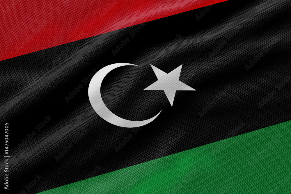 Poster an abstract textured libyan flag features a dynamic design with vivid colors and detailed pattern.