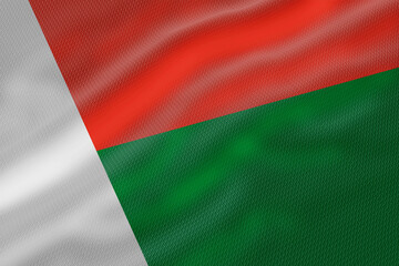 Textured design presents the national banner of Madagascar, featuring red, green, and white colors.