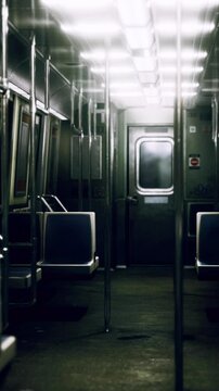 A quiet subway car is nearly empty, showcasing rows of seats under dim, artificial lighting. The metallic interior adds to the urban atmosphere during late night travel.