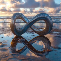 A surreal infinity symbol sculpted in sand with a mirror-like smoothness, surrounded by water, reflecting the vibrant colors of the horizon.