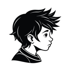 Black and white illustration of a young boy's profile with detailed hair and expression for various design uses