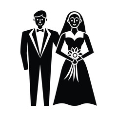 Simple black and white illustration of a newly married couple celebrating their wedding ceremony together