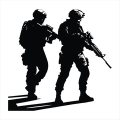 Silhouette vector set of an American soldier holding a gun. On white background