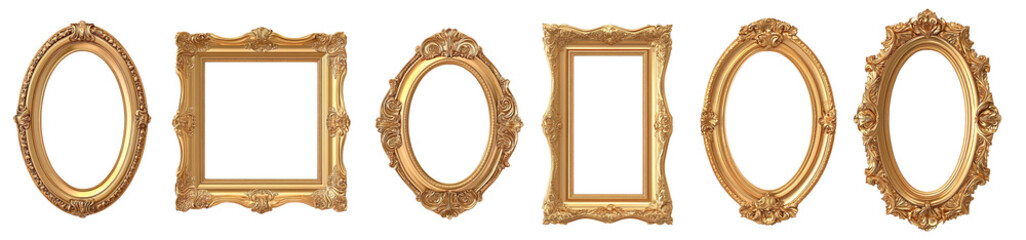 Classic antique gold frames in various shapes, perfect for showcasing art or photos. Their intricate designs add elegance and charm to any decor