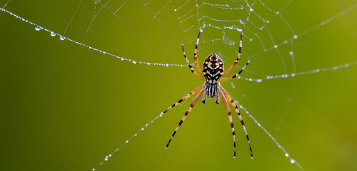 Macro image of a spider suspended in a dewy web against a green background. The detailed shot highlights the spider&rsquo;s striped legs and symmetrical web, perfect for biology, Halloween, and arachnid-the