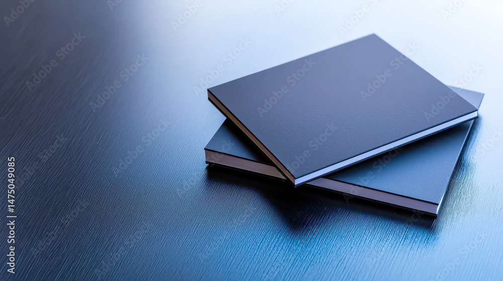 Poster sleek monochromatic notebooks stacked on smooth surface, showcasing modern design and minimalistic s