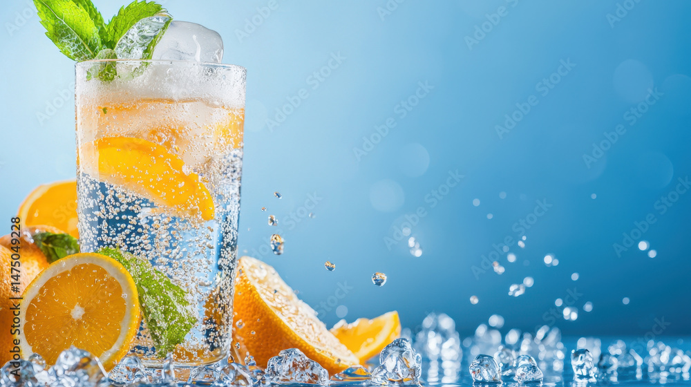 Poster refreshing sparkling drink with citrus slices and mint leaves, surrounded by ice and splashes of wat