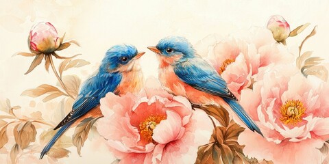 Two bright bluebirds whispering among pale pastel peonies, watercolor flow, detailed pencil accents, warm natural beige base.