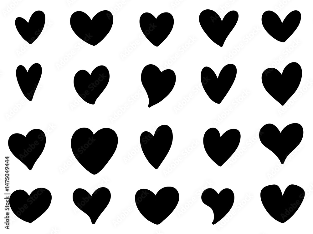 Poster twenty black heart shapes arranged in four rows on a light gray background. simple and graphic.