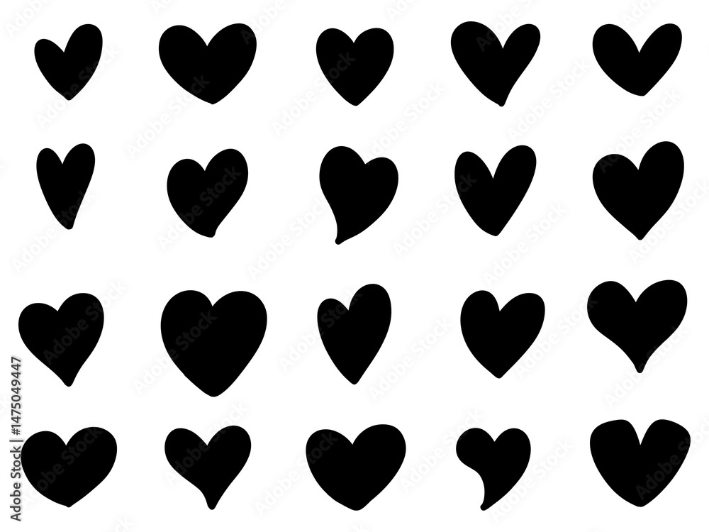 Poster twenty black heart shapes arranged in four rows on a light gray background. simple and graphic.
