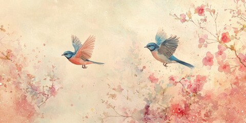 Two joyful bluebirds flying through a pastel mist of flowers, dreamy watercolor blending with pencil, muted beige background.