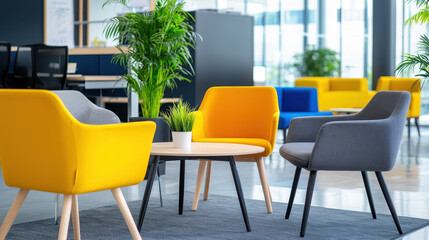Fototapeta premium Bright and modern co working space featuring vibrant yellow and gray chairs, round table, and lush greenery, creating inviting atmosphere