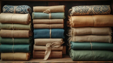 Stacks of Colorful Fabrics Neatly Arranged on a Wooden Shelf in a Cozy Textile Shop