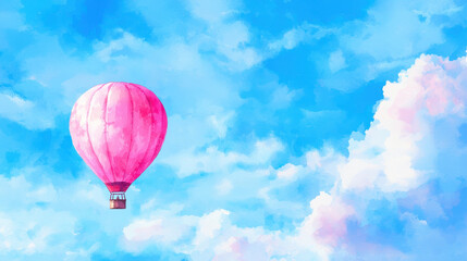Naklejka premium Vibrant pink hot air balloon floats gracefully in bright blue sky filled with fluffy clouds, evoking sense of adventure and freedom