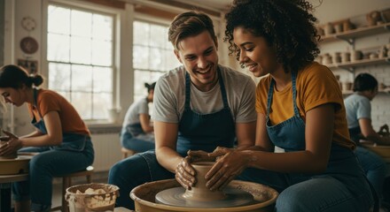 Couple Engaging in Pottery Class Together, Creating Unique Ceramics in Studio