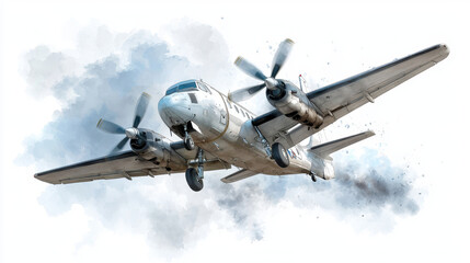 Fototapeta premium Vintage aircraft flying through cloudy sky, showcasing its propellers and sleek design. watercolor illustration captures essence of aviation
