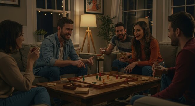 Friends enjoying a lively board game night in a cozy living room setting