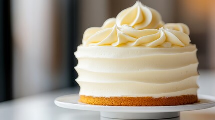 A classic vanilla cake with buttercream swirls, isolated on a white table,