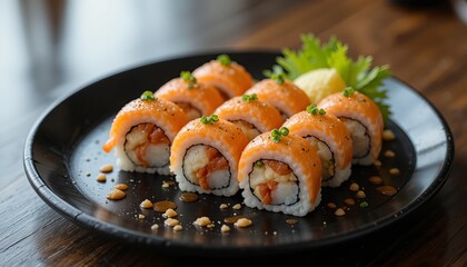 Exquisite salmon sushi rolls served on elegant black plate at a gourmet dining experience.