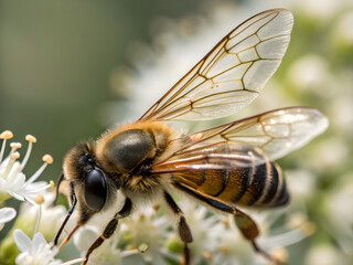 Bee biodiversity Close-up of a bee collecting nectar from a flower.