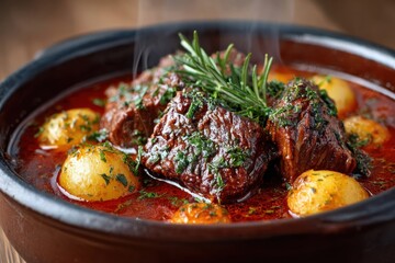 Steaming beef stew with tender potatoes and fresh herbs served in a rustic bowl at a cozy kitchen setting