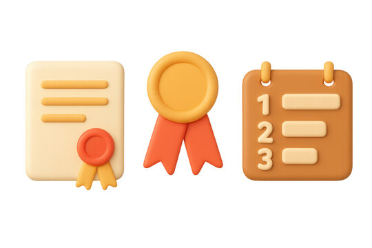 Colorful 3d awards and achievements icons set with medals and certificate