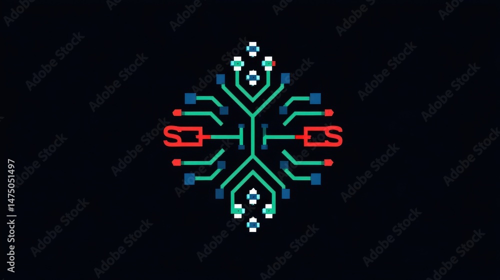 Poster symmetrical digital circuit design on a dark background.