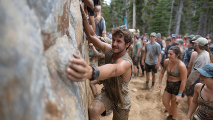 A determined participant climbs a muddy vertical wall obstacle, legs straining for grip. Their body is caked in mud, set against a lush forest backdrop, highlighting grit and raw endurance.