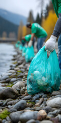 Environmental protection organizations/teams/groups are conducting garbage cleaning activities along the riverbank and the seaside, focusing on sustainable development, environmental protection