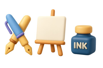 Cartoon art supplies with fountain pen, blank canvas, and ink bottle
