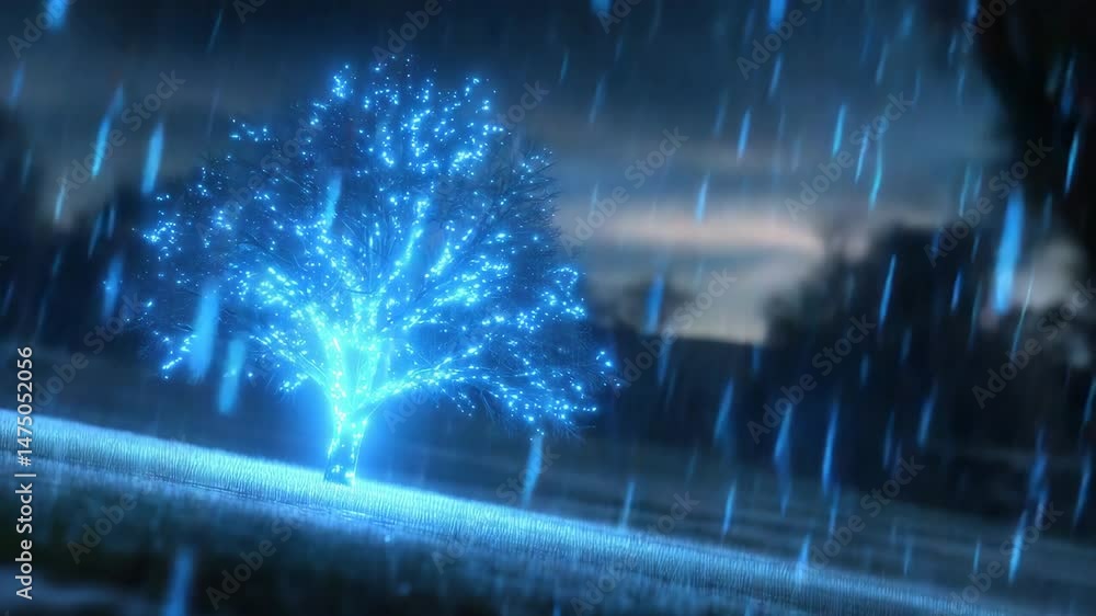 Poster a glowing digital tree with binary code rain in a magical night forest. animation for tech, nature, 
