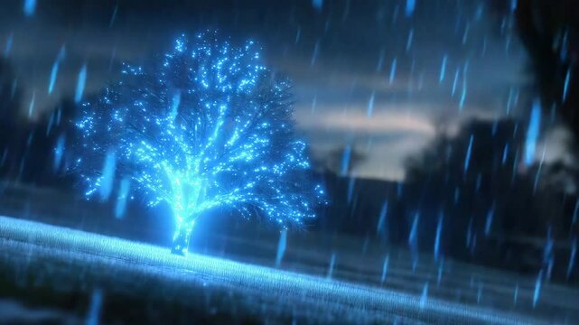 A glowing digital tree with binary code rain in a magical night forest. Animation for tech, nature, or sci-fi themes. AI generative 4K video.
