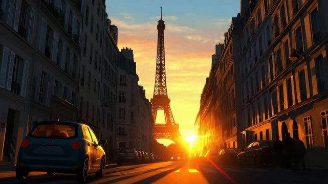 Stylized animation of Paris street at sunset with moving traffic, classic architecture, and glowing lights. AI generative 4K video