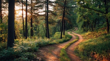 Fototapeta premium Sunlight streams through a winding forest path