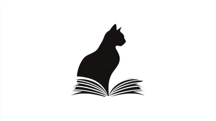 Obraz premium Silhouette of a cat seated upon open book pages.