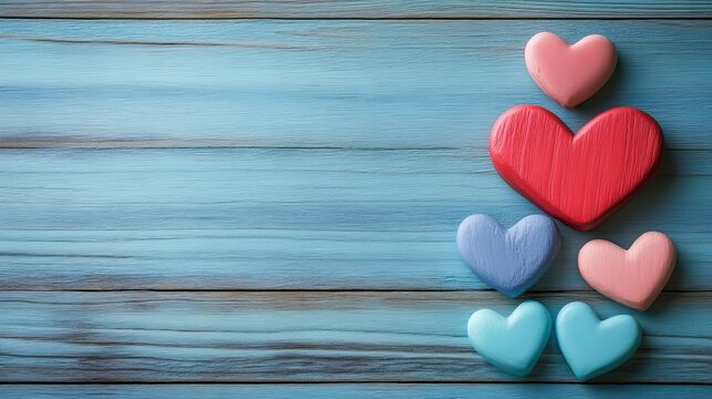 Naklejki Colorful Wooden Hearts on Blue Wood Background, Valentine's Day, Love , love hearts, wooden hearts