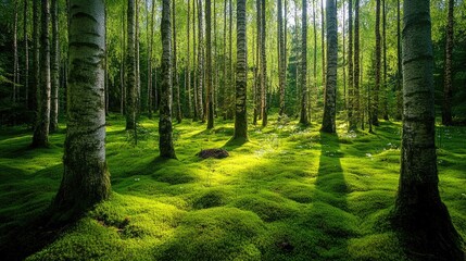 Obraz premium Sunlit Birch Forest: A Serene Tapestry of Green